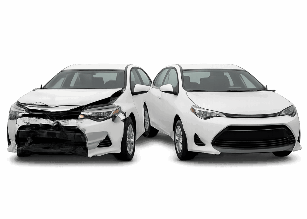 Before and after white sedan after collision repair and auto body repair at Mathews Auto Body