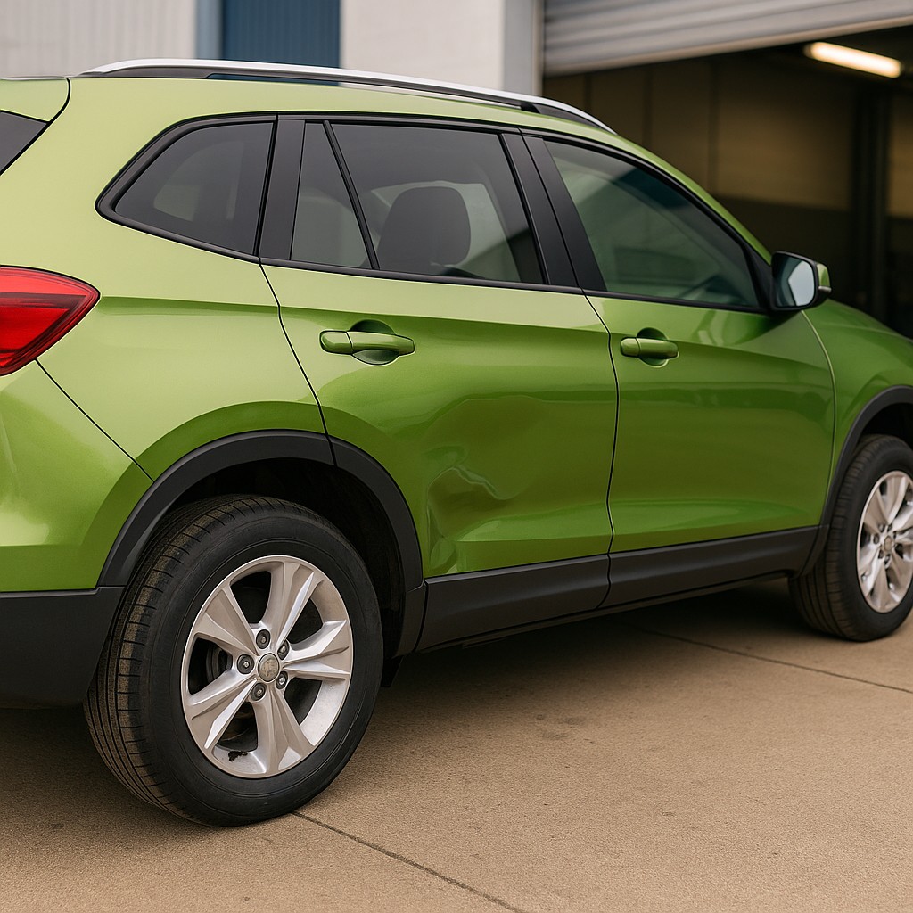 Vehicle with collision damage before dent repair at Mathews Auto Body in Tri-Cities WA